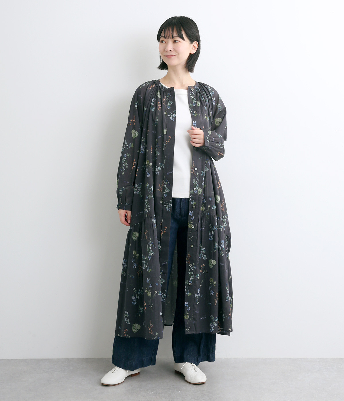 コットンボタニカルプリント切替ワンピース(チャコール-ONESIZE)