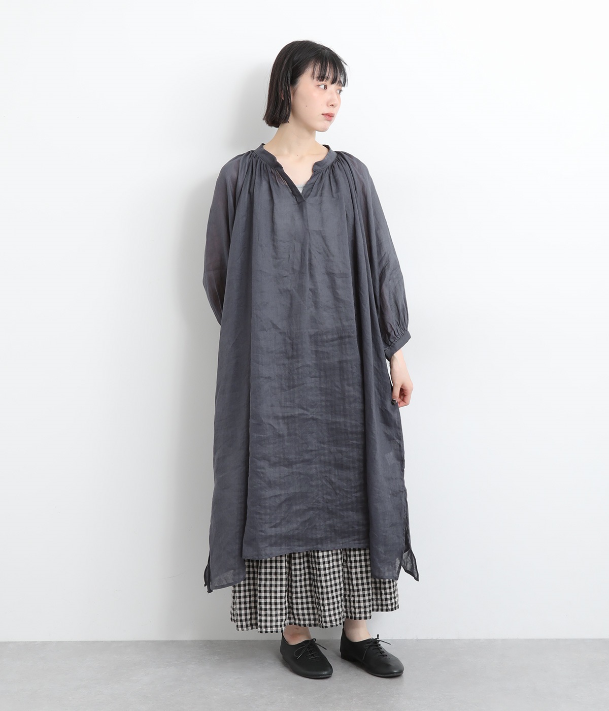 ラミー素材スキッパーワンピース(グレー-ONESIZE)