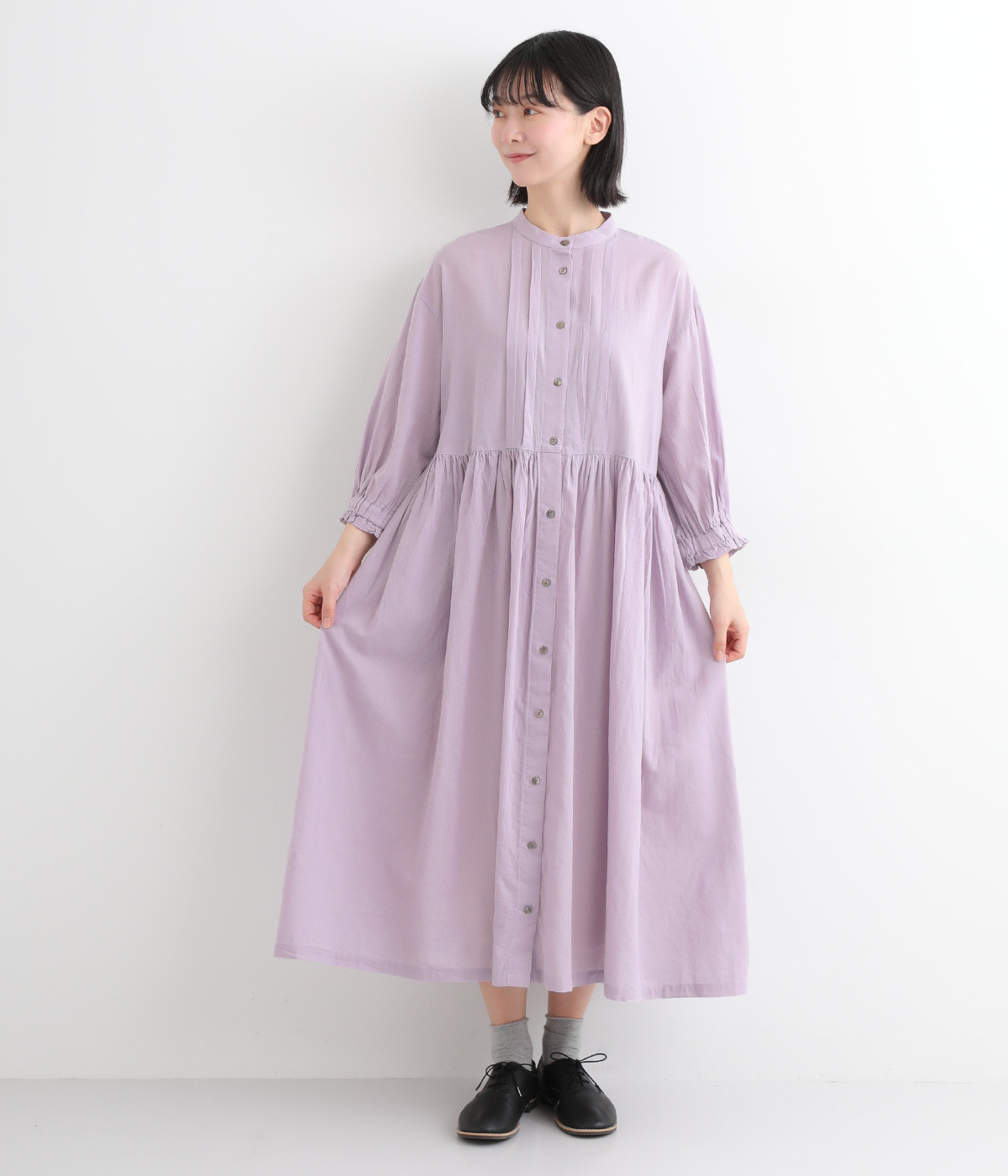 コットンボイルガーゼタックギャザーワンピース(パープル-ONESIZE)