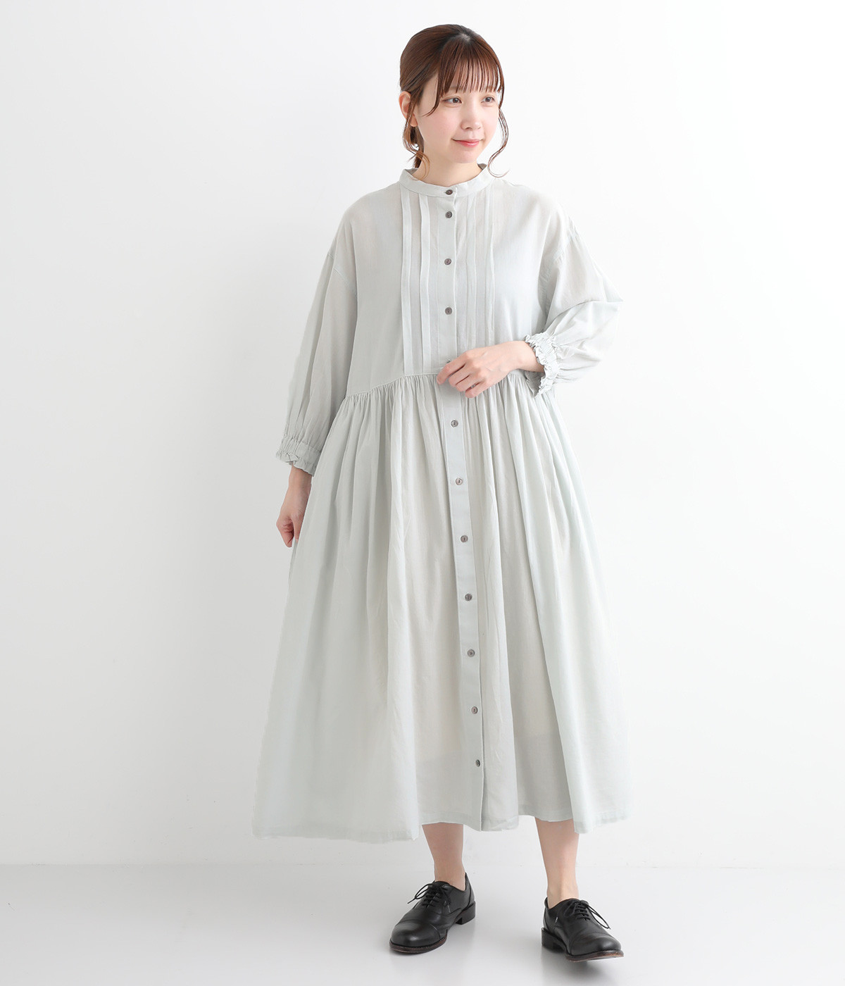 コットンボイルガーゼタックギャザーワンピース(サックス-ONESIZE)