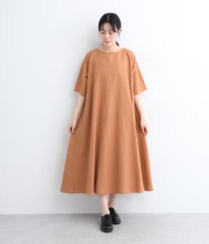 コットンリネンハーフスリーブフレアワンピース(レンガ-ONESIZE)