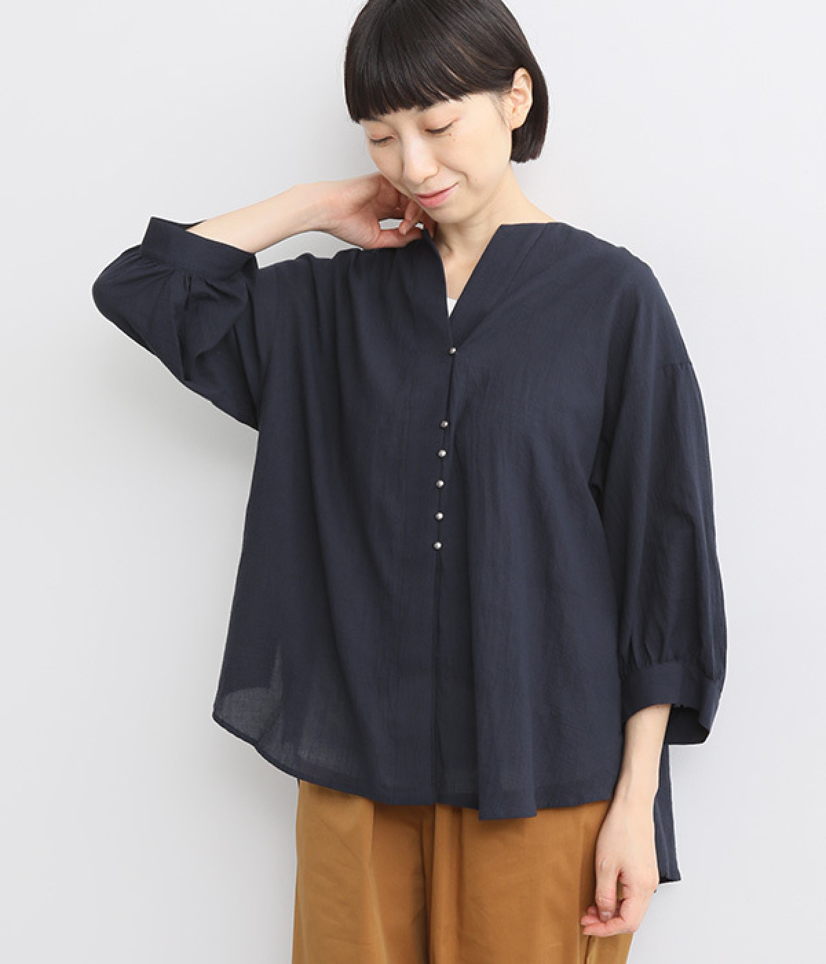 東炊きローンちびボタンブラウス(ネイビー-ONESIZE)