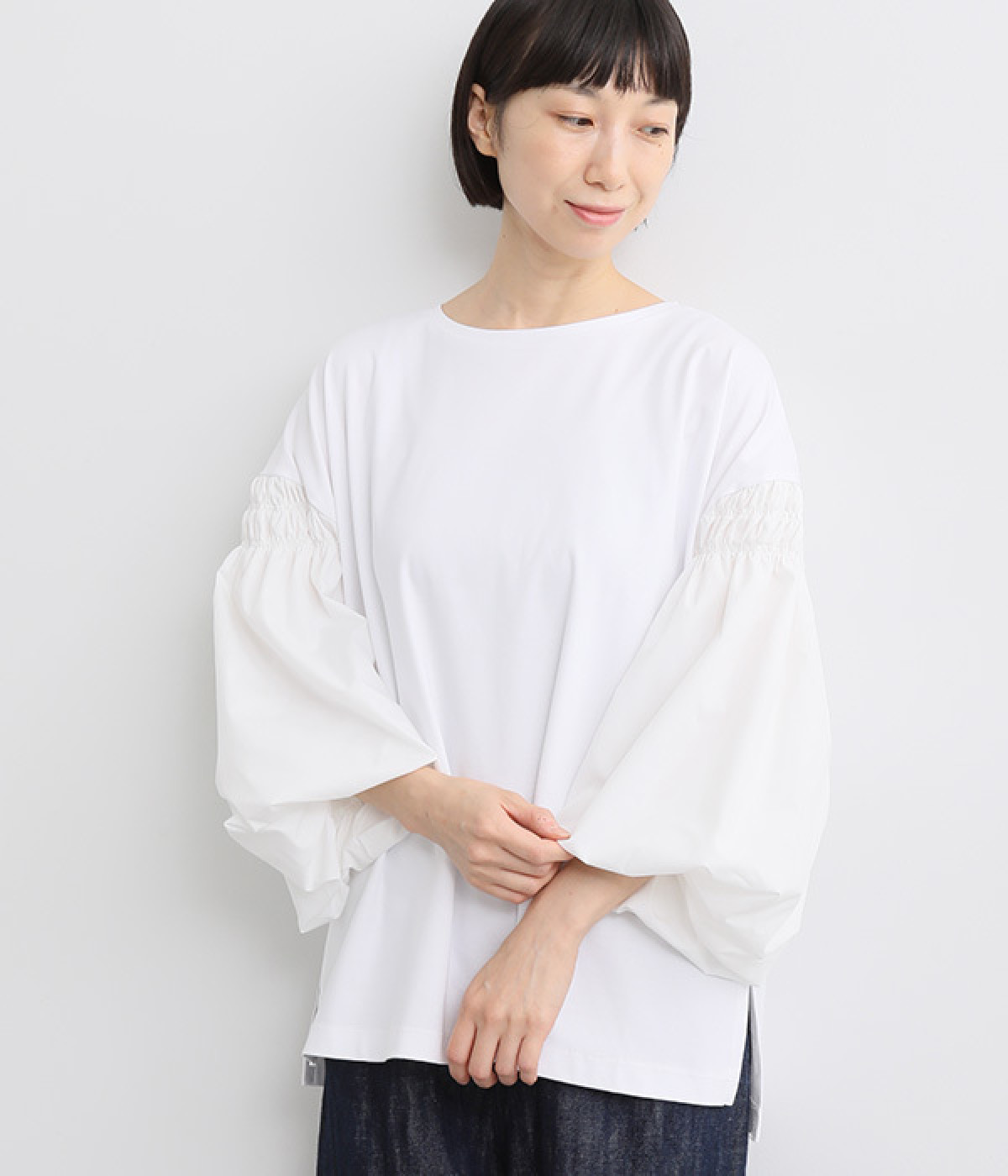 袖ボリュームシルケットコンビプルオーバー(オフホワイト-ONESIZE)