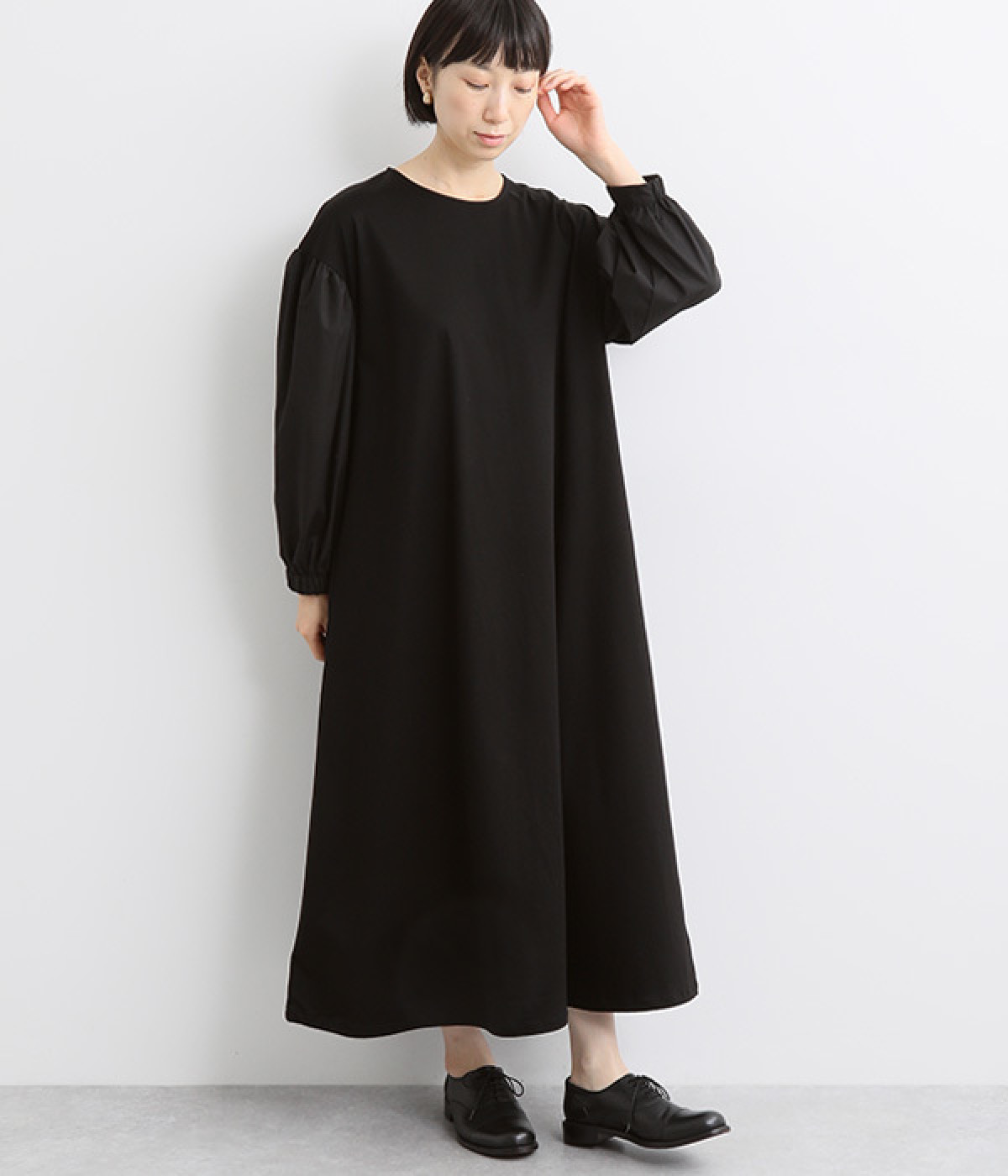 袖ボリュームシルケットコンビワンピース(ブラック-ONESIZE)