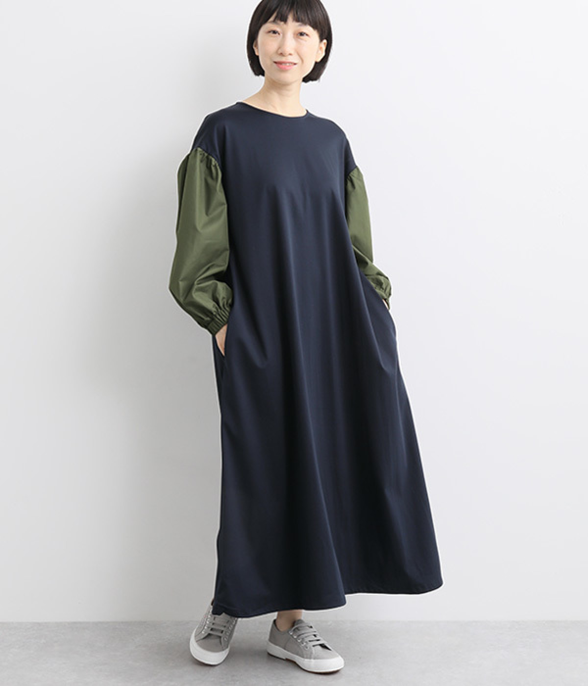 袖ボリュームシルケットコンビワンピース(ネイビー系-ONESIZE)