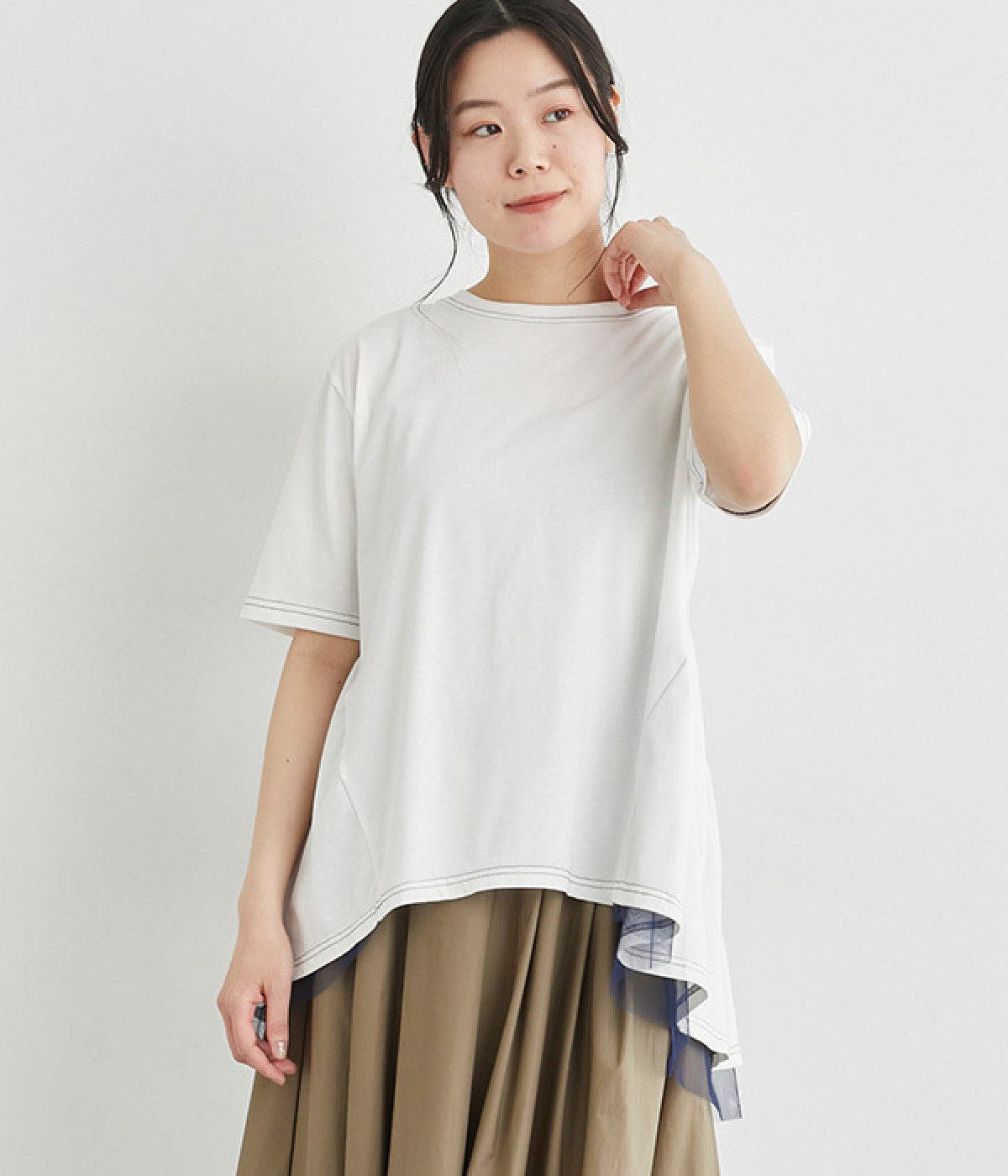 コットンペプラムチュールレイヤードTシャツ(ホワイト系-ONESIZE)