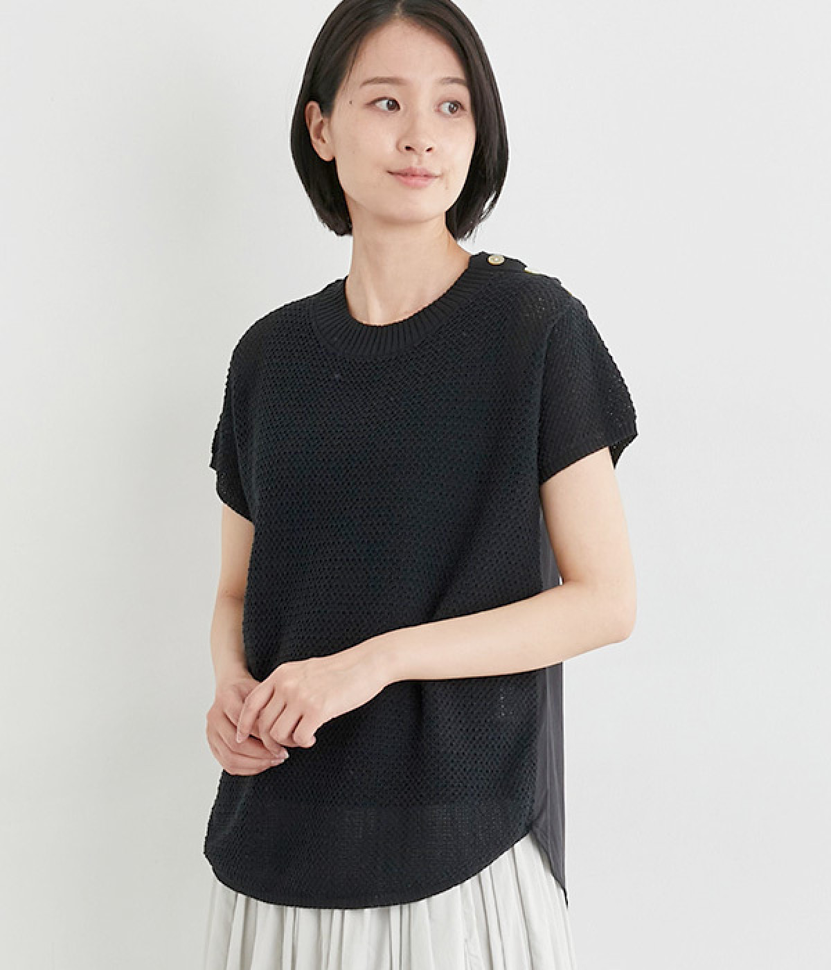 変わりカノコニット肩開きプルオーバー(ブラック-ONESIZE)