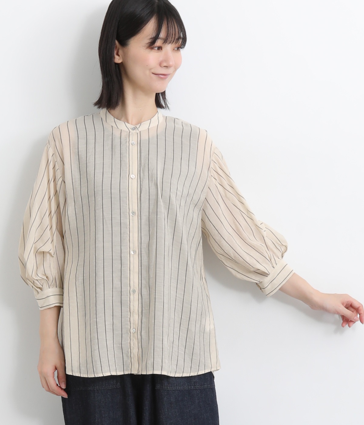 シアーストライプ7分袖ブラウス(ベージュ系-ONESIZE)