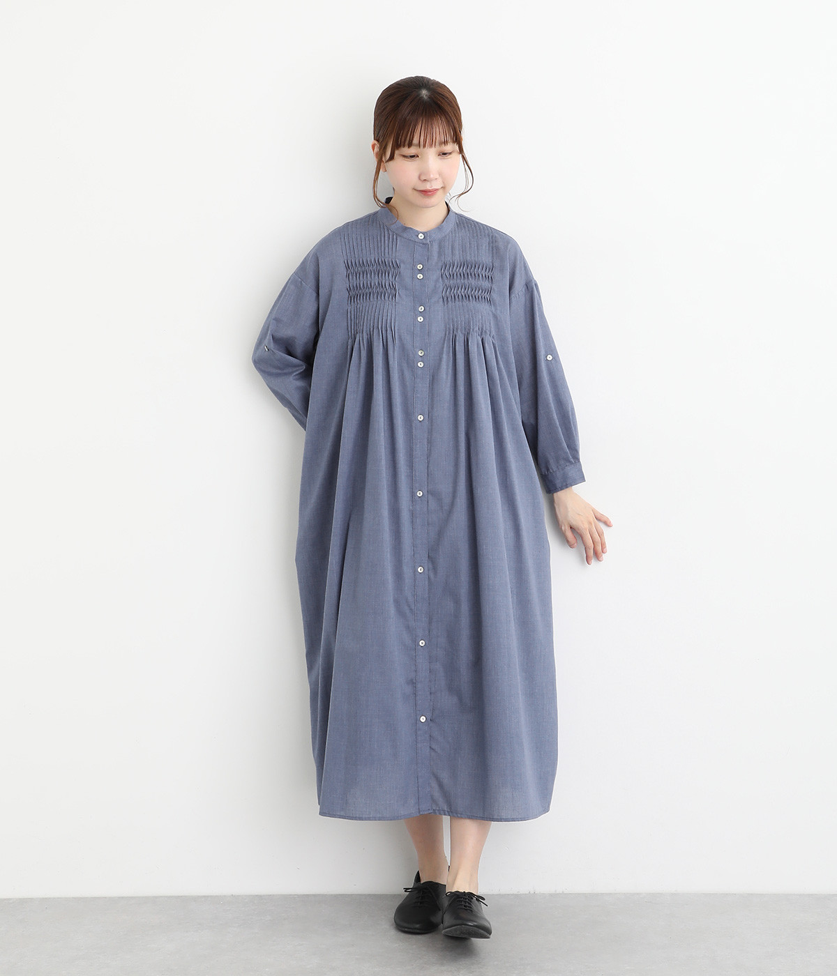 レーヨンコットンリネンローンピンタックワンピース(ネイビー-ONESIZE)