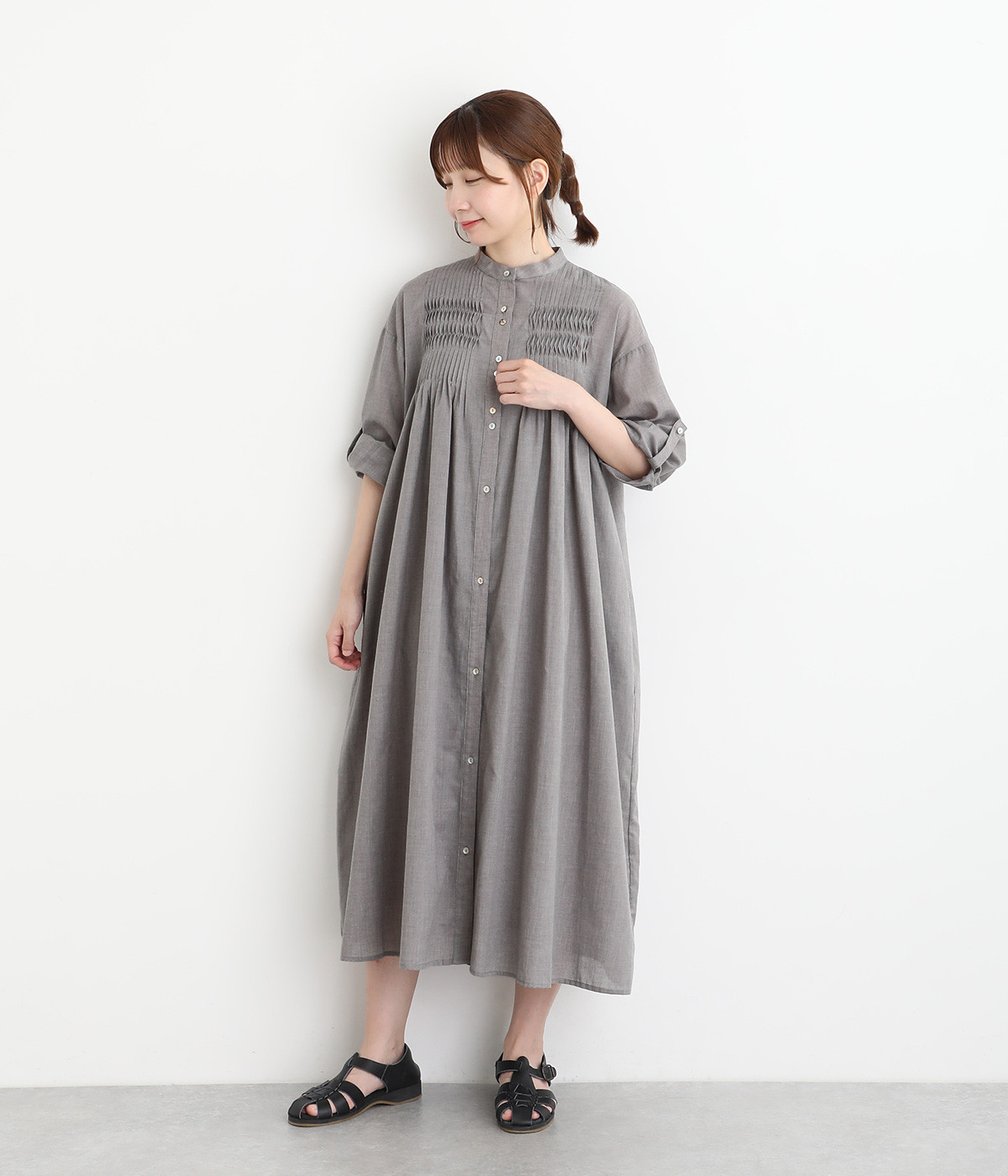 レーヨンコットンリネンローンピンタックワンピース(チャコール-ONESIZE)