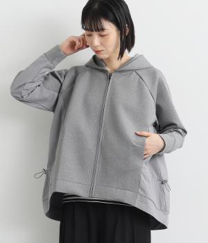 異素材ドッキング裾サイドドロストダンボール前開きパーカ(グレー-ONESIZE)