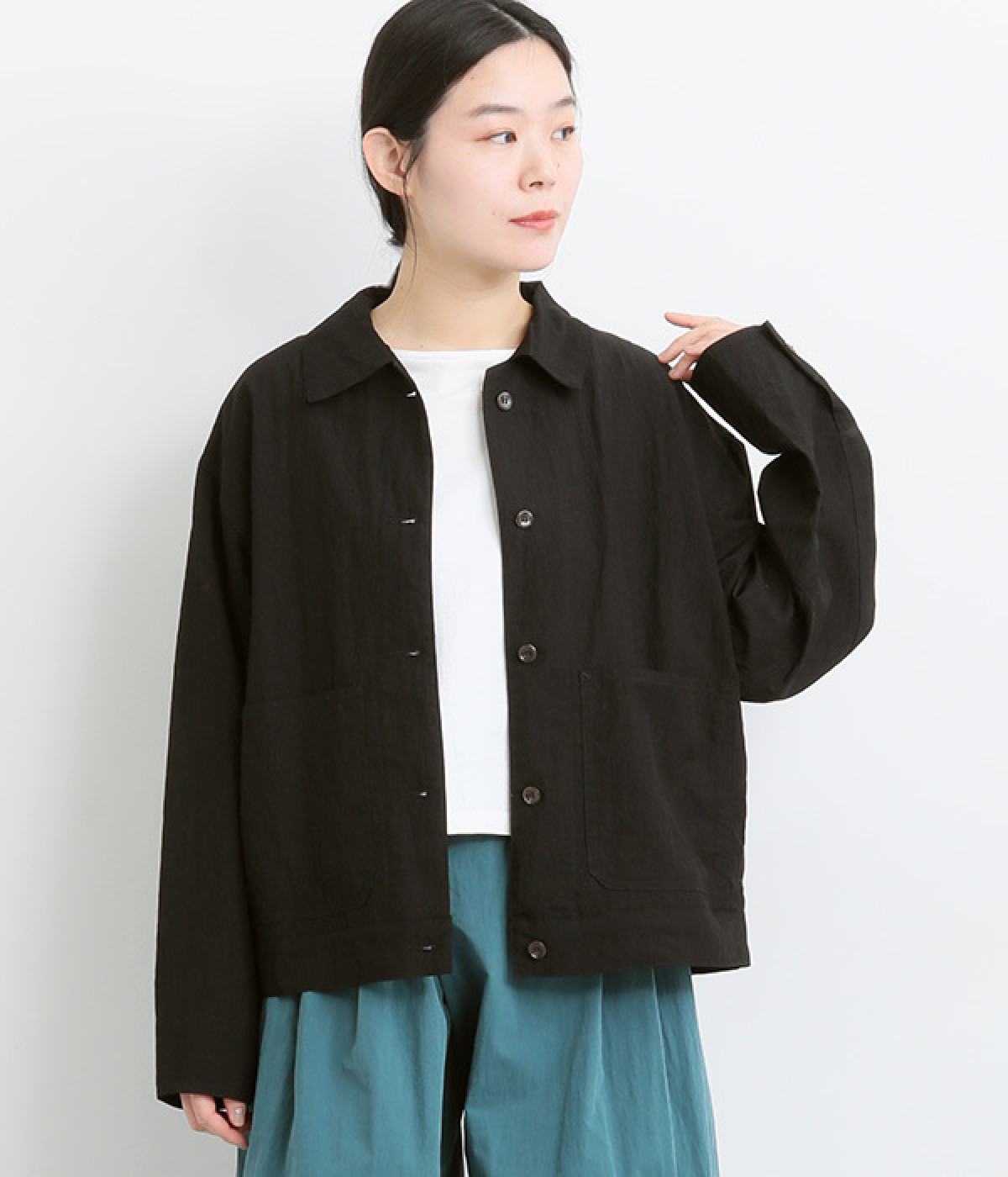 レーヨンナイロンvintagewash加工シャツジャケット(ブラック-ONESIZE)