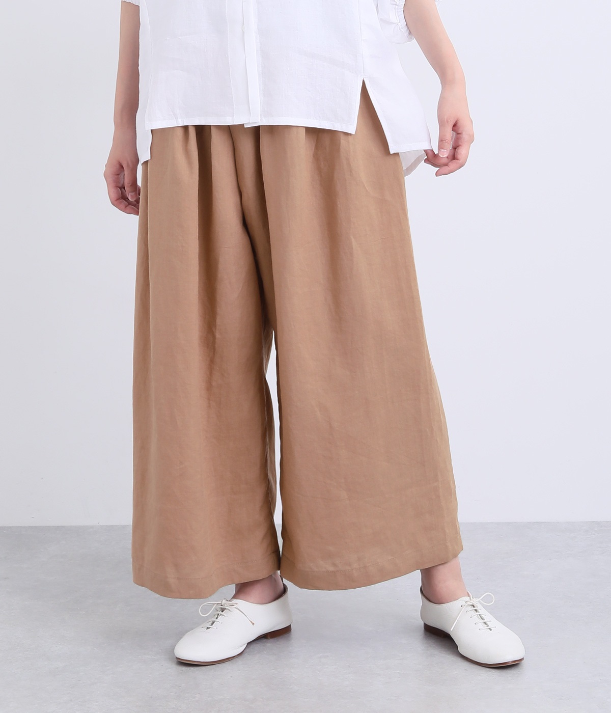 リネンギャザー重ねフレアパンツ(ピンクベージュ-ONESIZE)