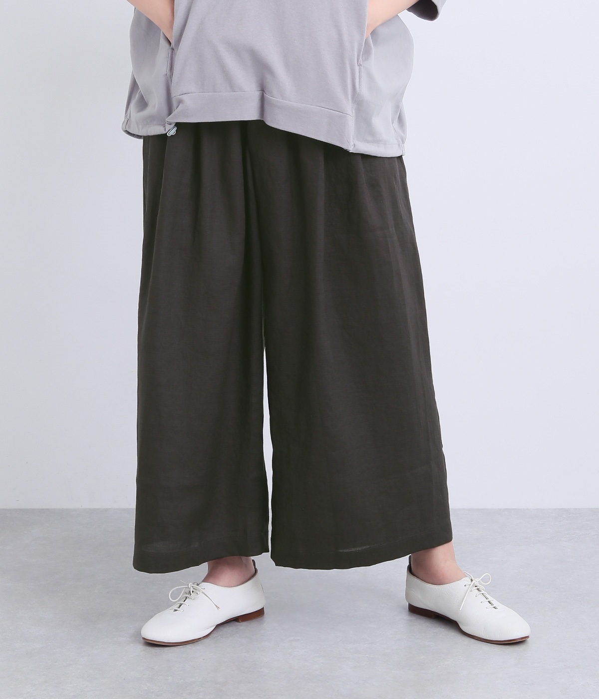 リネンギャザー重ねフレアパンツ(ダークチャコール-ONESIZE)