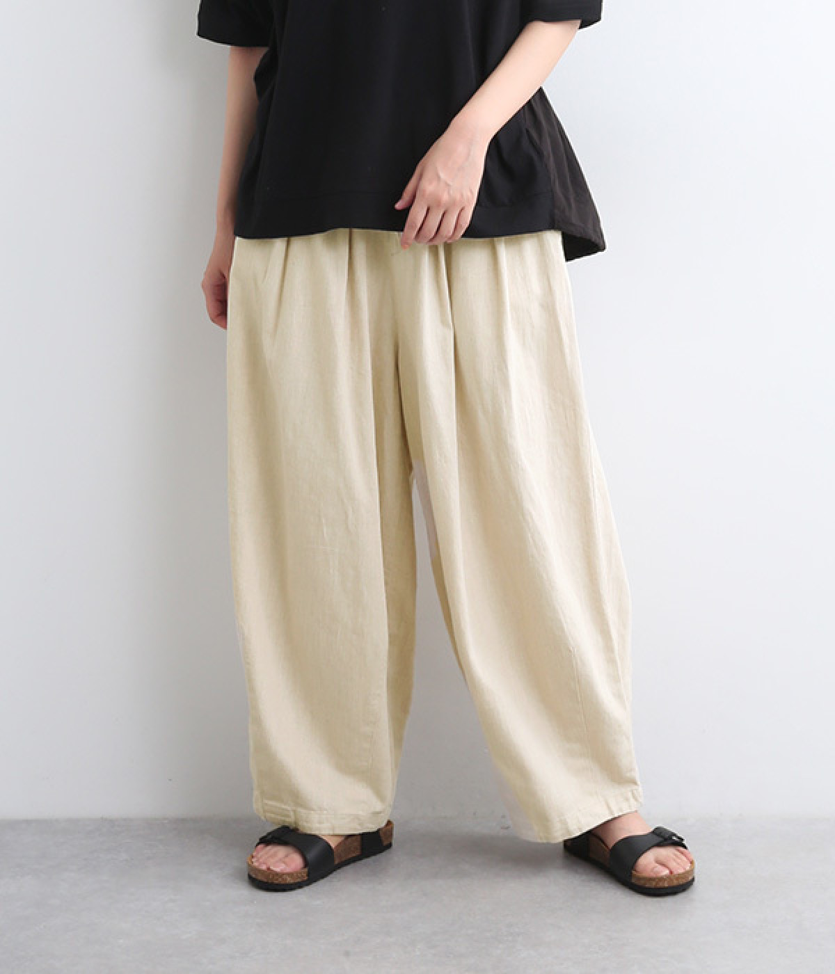コットンリネンデニムタックギャザーパンツ(ナチュラル-ONESIZE)