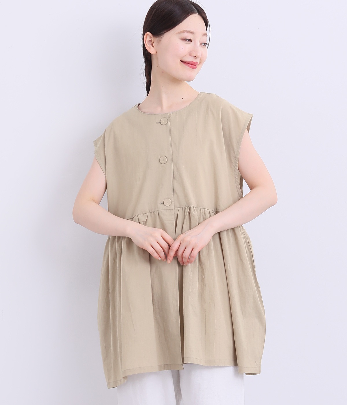 コットンボイル前開きブラウス(グレーベージュ-ONESIZE)