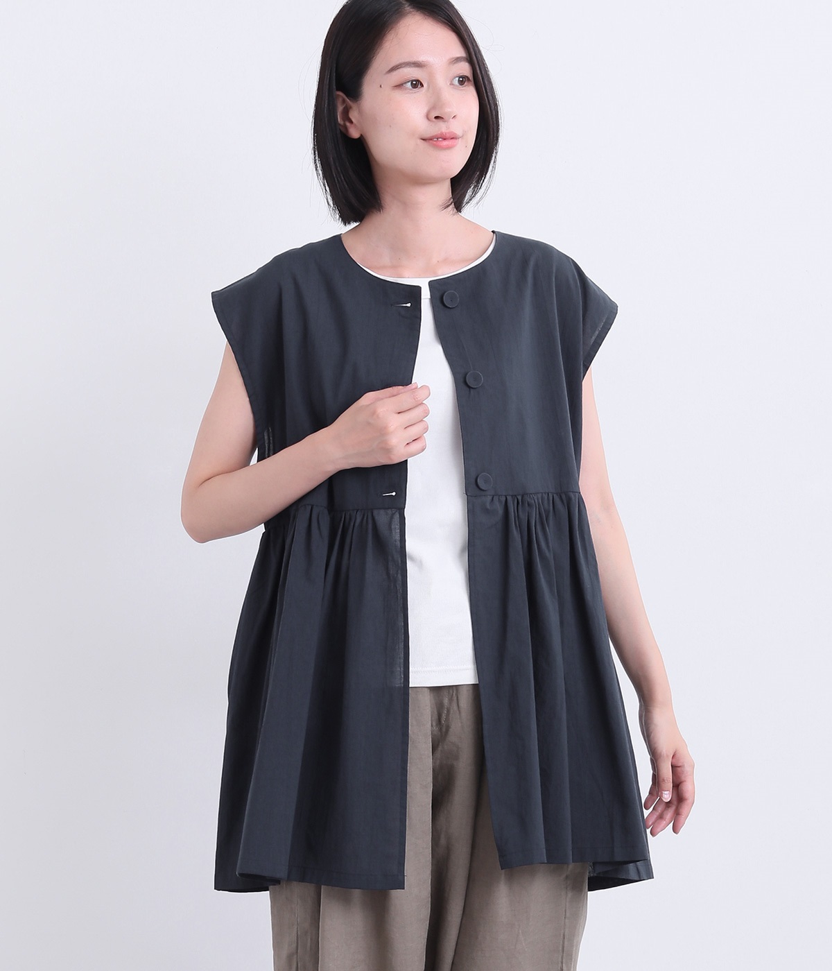 コットンボイル前開きブラウス(ネイビー-ONESIZE)