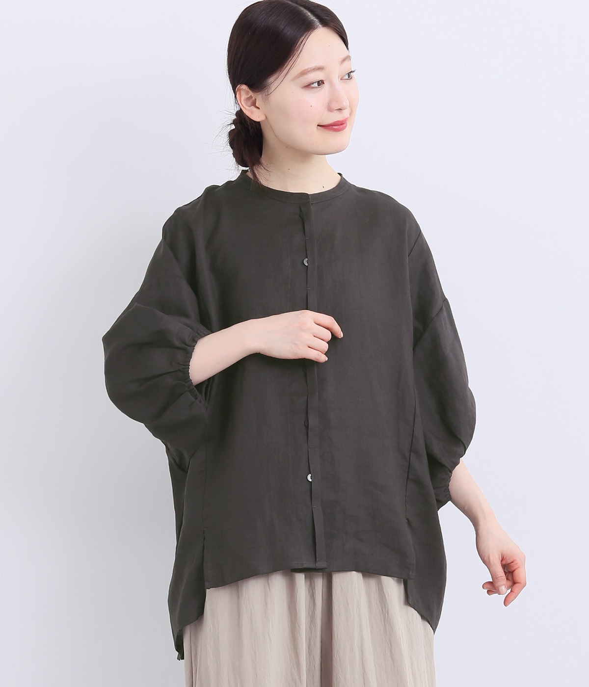 リネン切替ドルマンブラウス(ダークチャコール-ONESIZE)