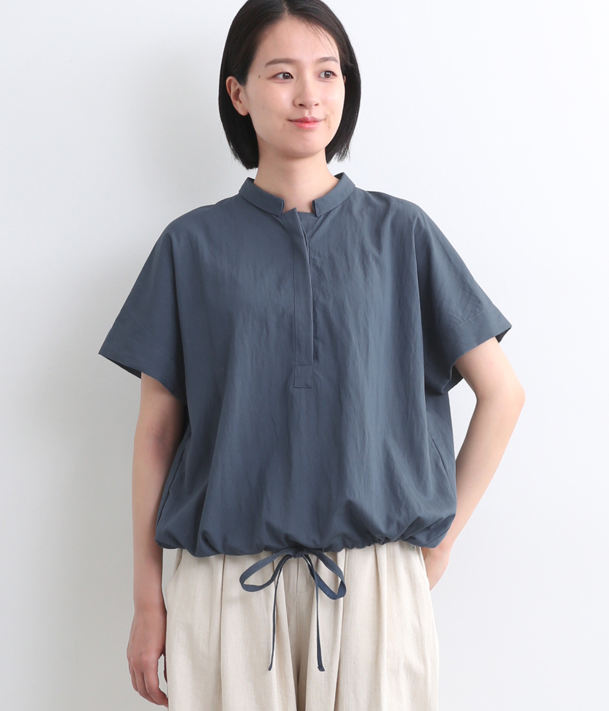 レーヨンナイロンツイル裾絞りブラウス(ブルー-ONESIZE)
