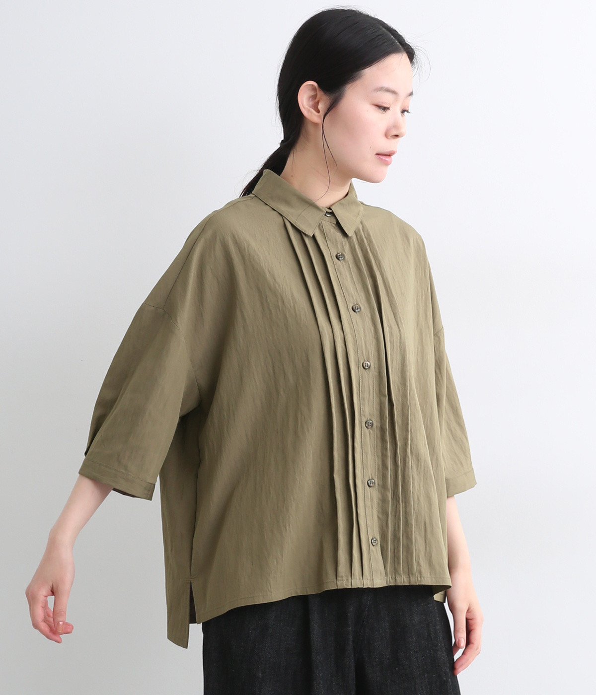 レーヨンナイロンツイルピンタックブラウス(グレージュ-ONESIZE)