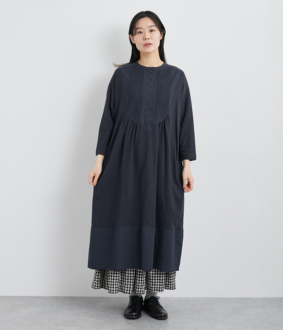コットン天竺布帛切替ピンタックワンピース(ダークネイビー-ONESIZE)