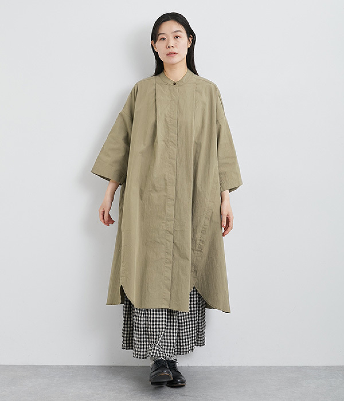 コットンナイロンサイドスリットシャツコートワンピース(グレーベージュ-ONESIZE)