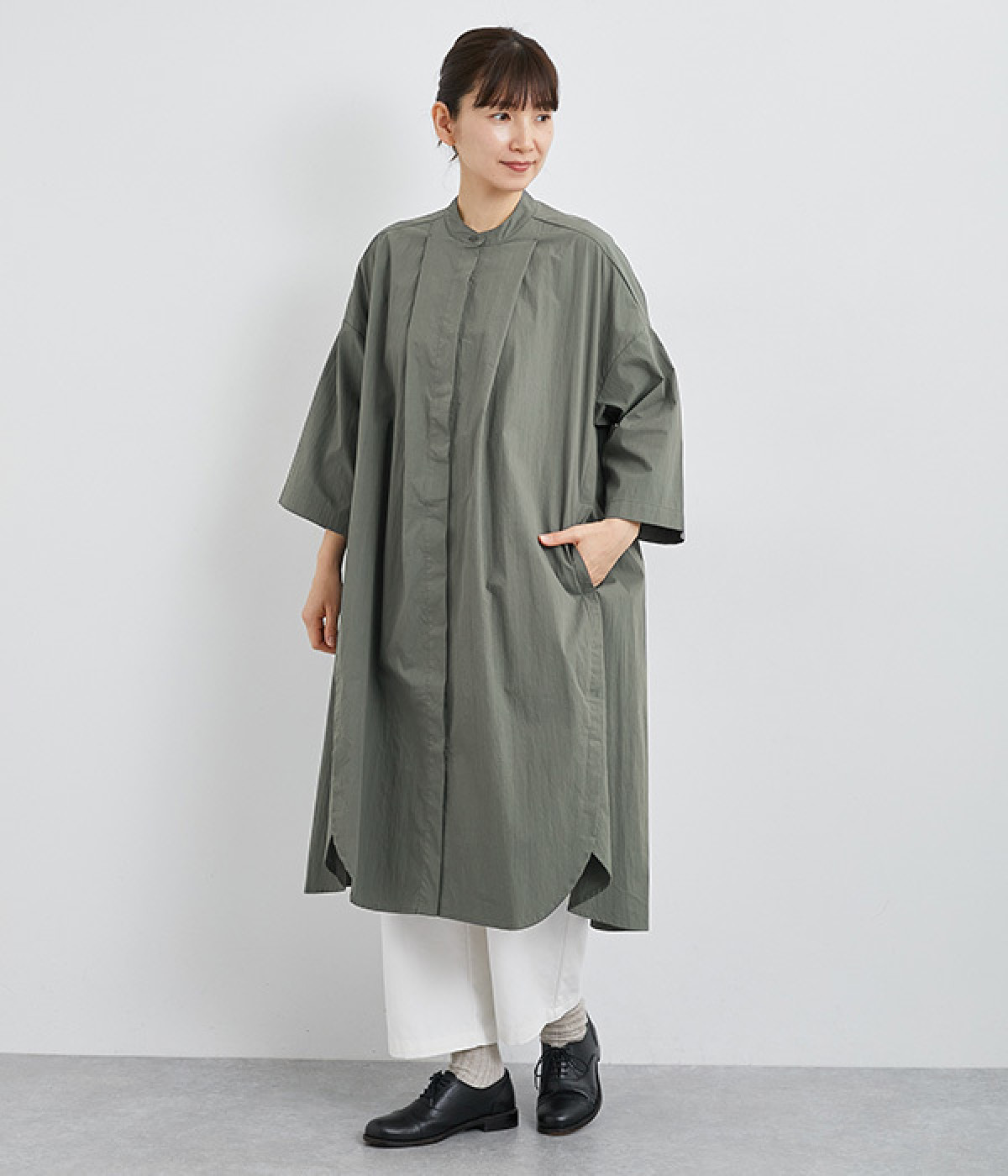 コットンナイロンサイドスリットシャツコートワンピース(チャコール-ONESIZE)