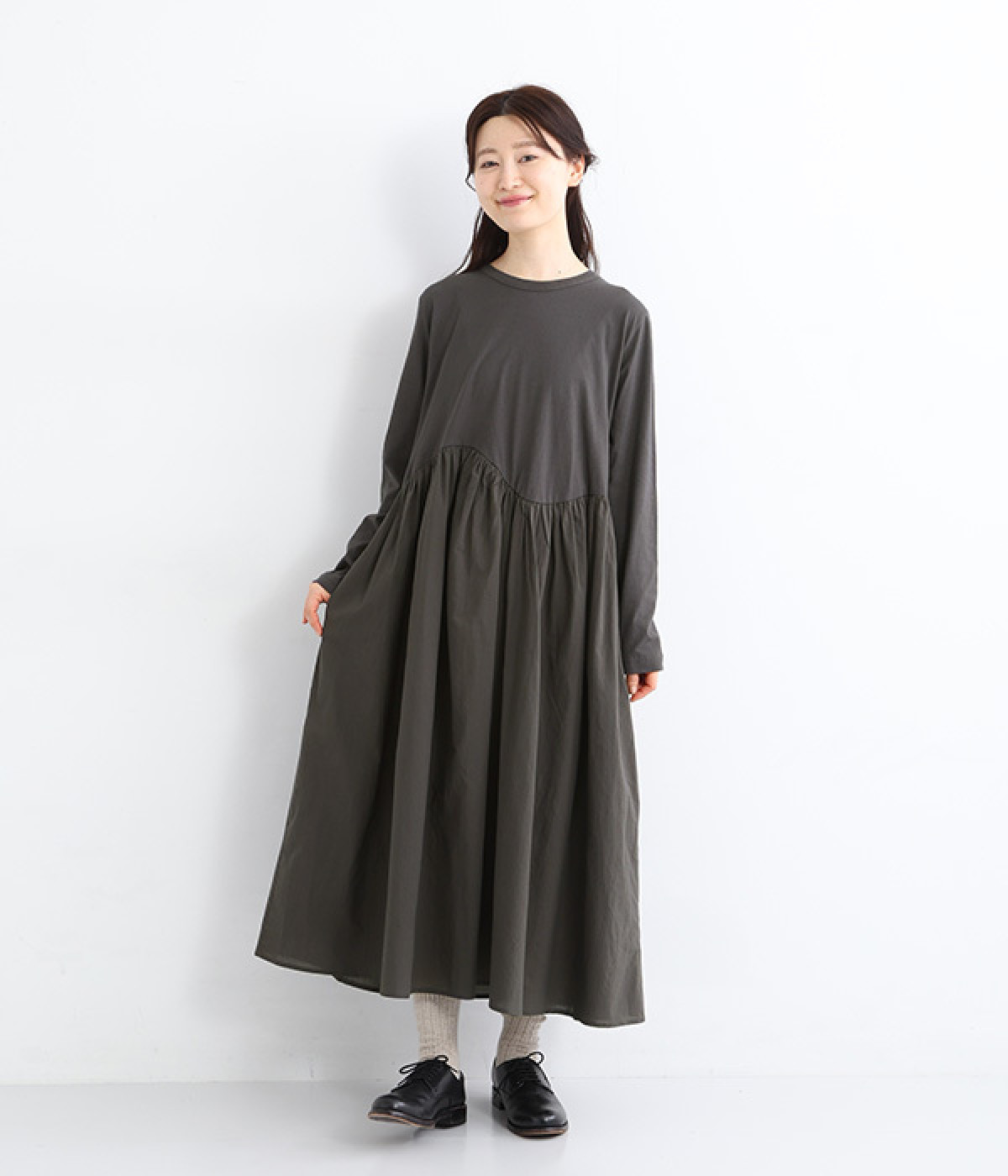 コットン天竺ナミ布帛切替ワンピース(チャコール-ONESIZE)