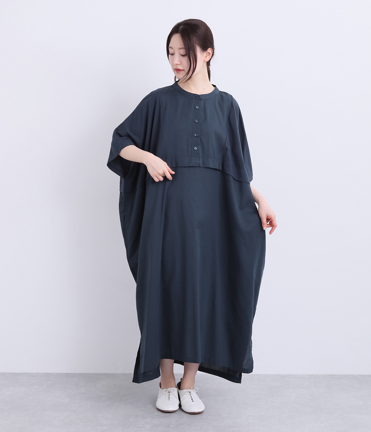 布帛切替コクーンワンピース(ネイビー-ONESIZE)