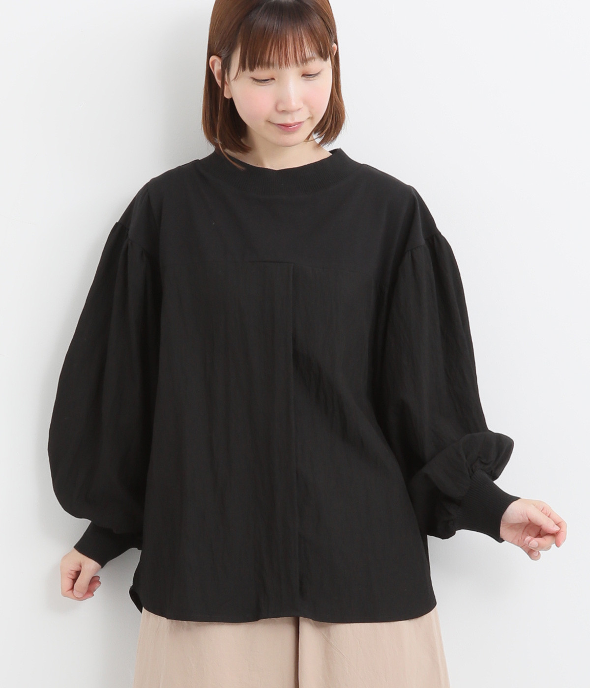 布帛切替ボリューム袖プルオーバー(ブラック-ONESIZE)