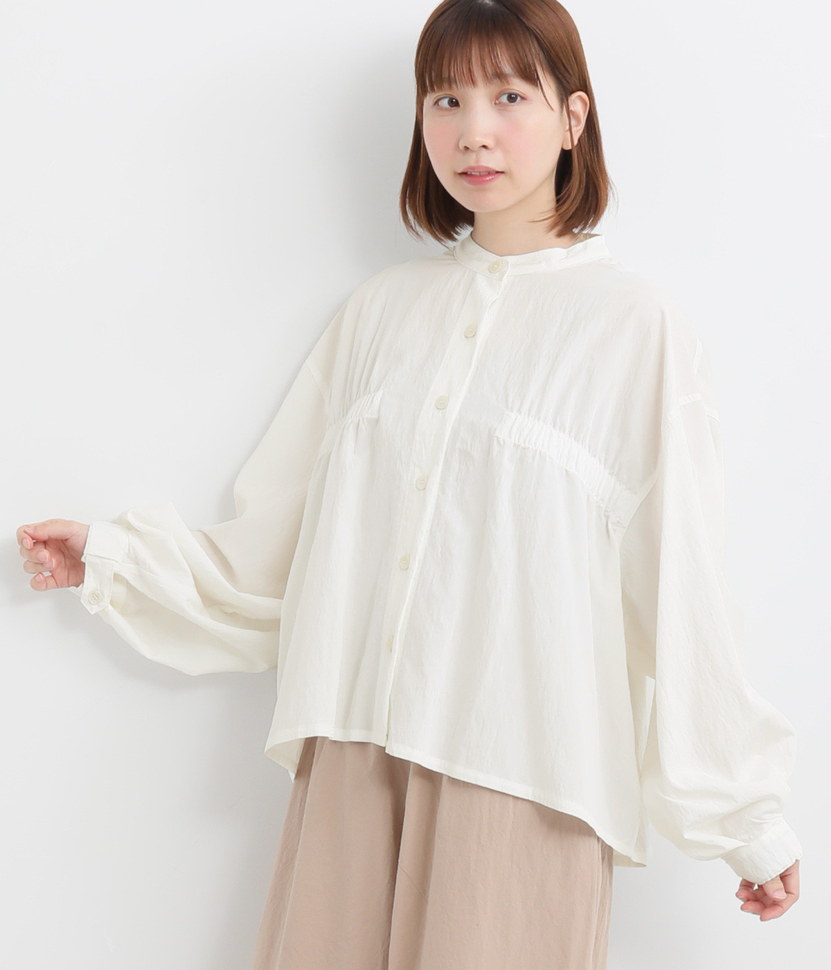レーヨンナイロンシャーリング切替ブラウス(オフホワイト-ONESIZE)