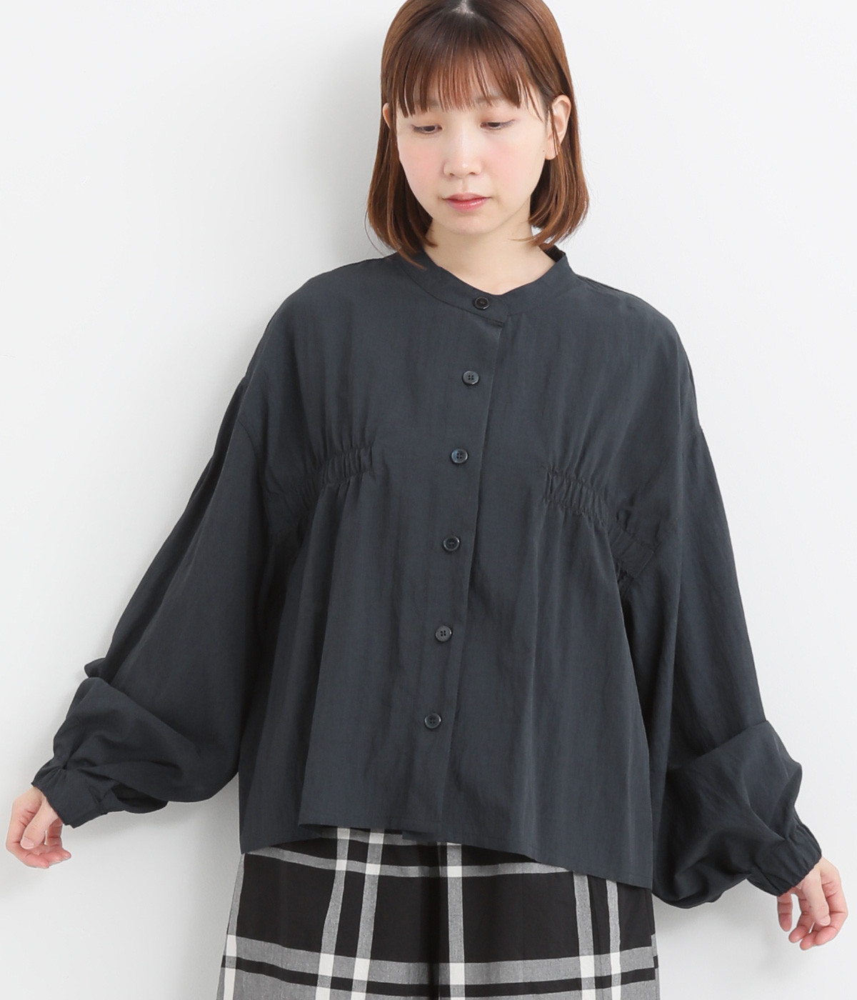 レーヨンナイロンシャーリング切替ブラウス(ネイビー-ONESIZE)