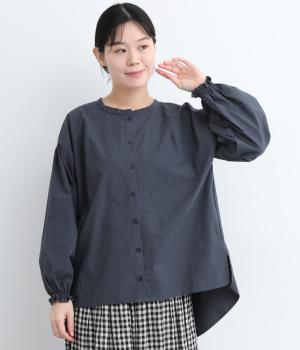 コットン背面ギャザーネッククルーブラウス(ネイビー-ONESIZE)