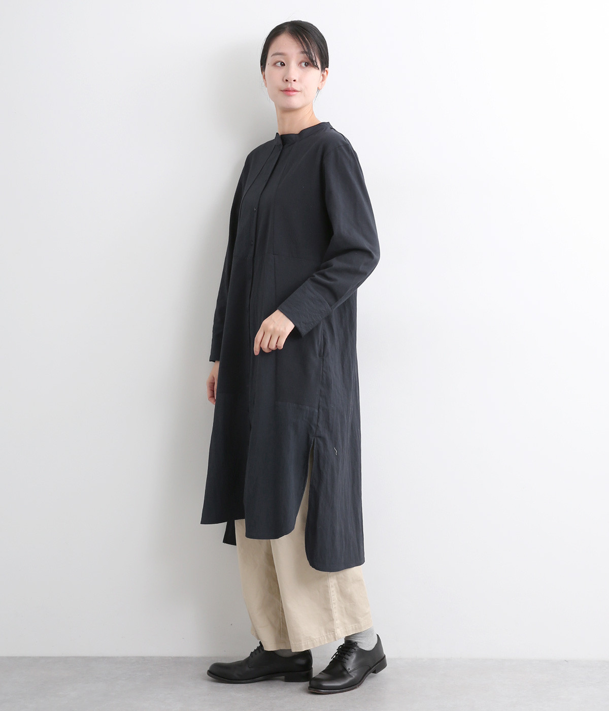 布帛パネル切替シャツワンピース(ネイビー-ONESIZE)