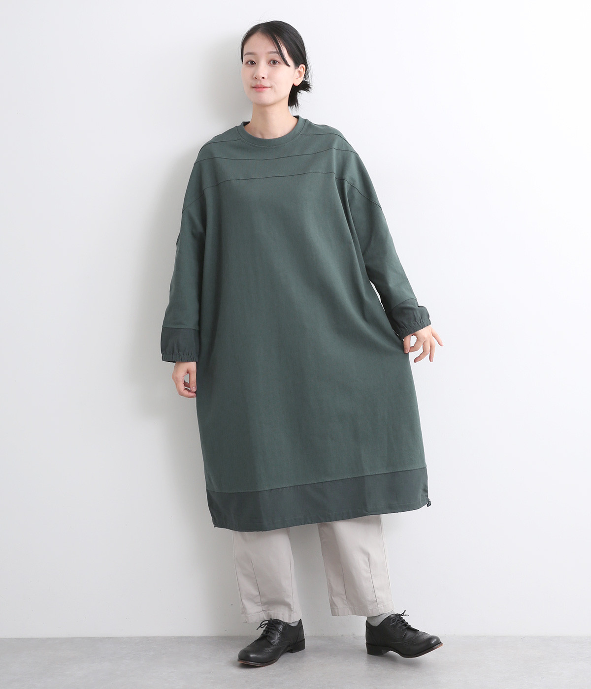 布帛切替ワンピース(ダークグリーン-ONESIZE)