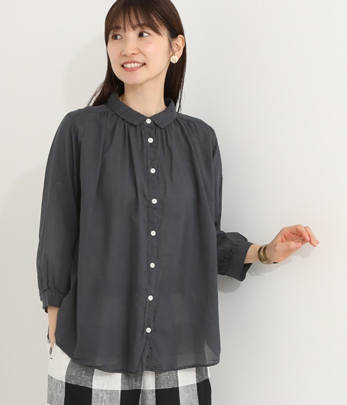 ボイル日本製品染め　ギャザーブラウス(グレーネイビー-ONESIZE)