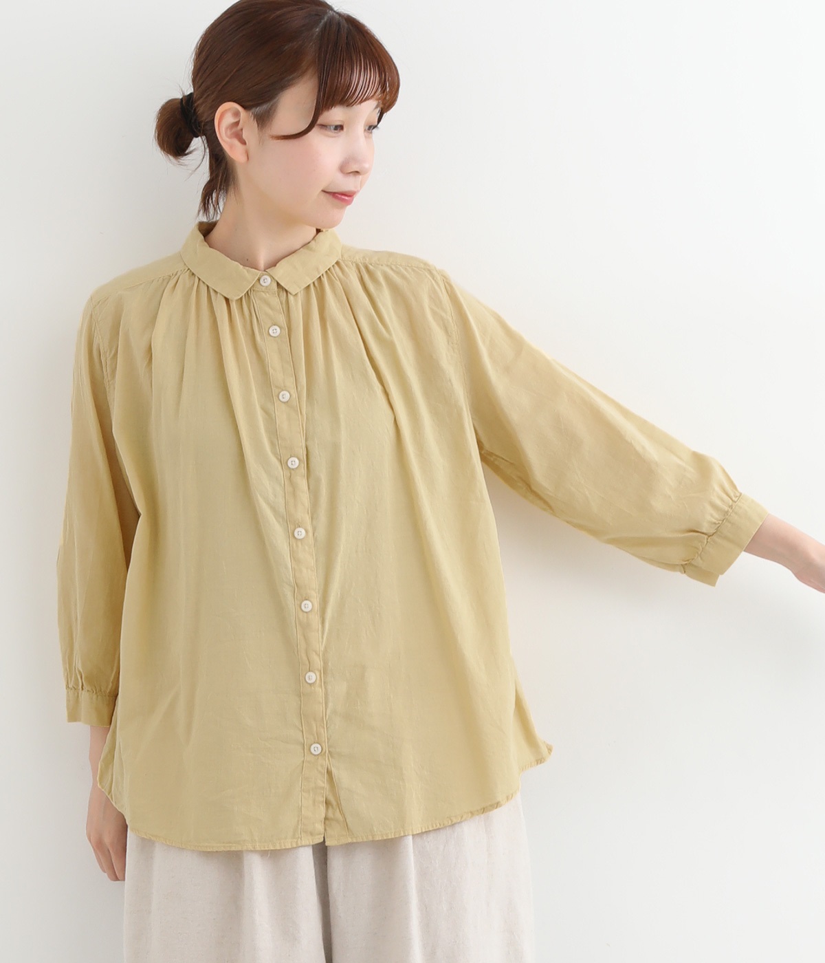 ボイル日本製品染め　ギャザーブラウス(イエロー-ONESIZE)