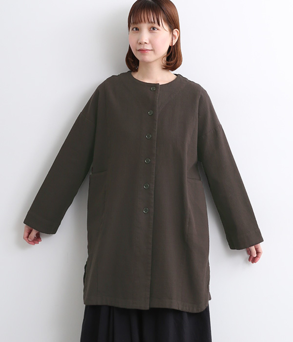 コットン変わり織ノーカラーコート(チャコール-ONESIZE)