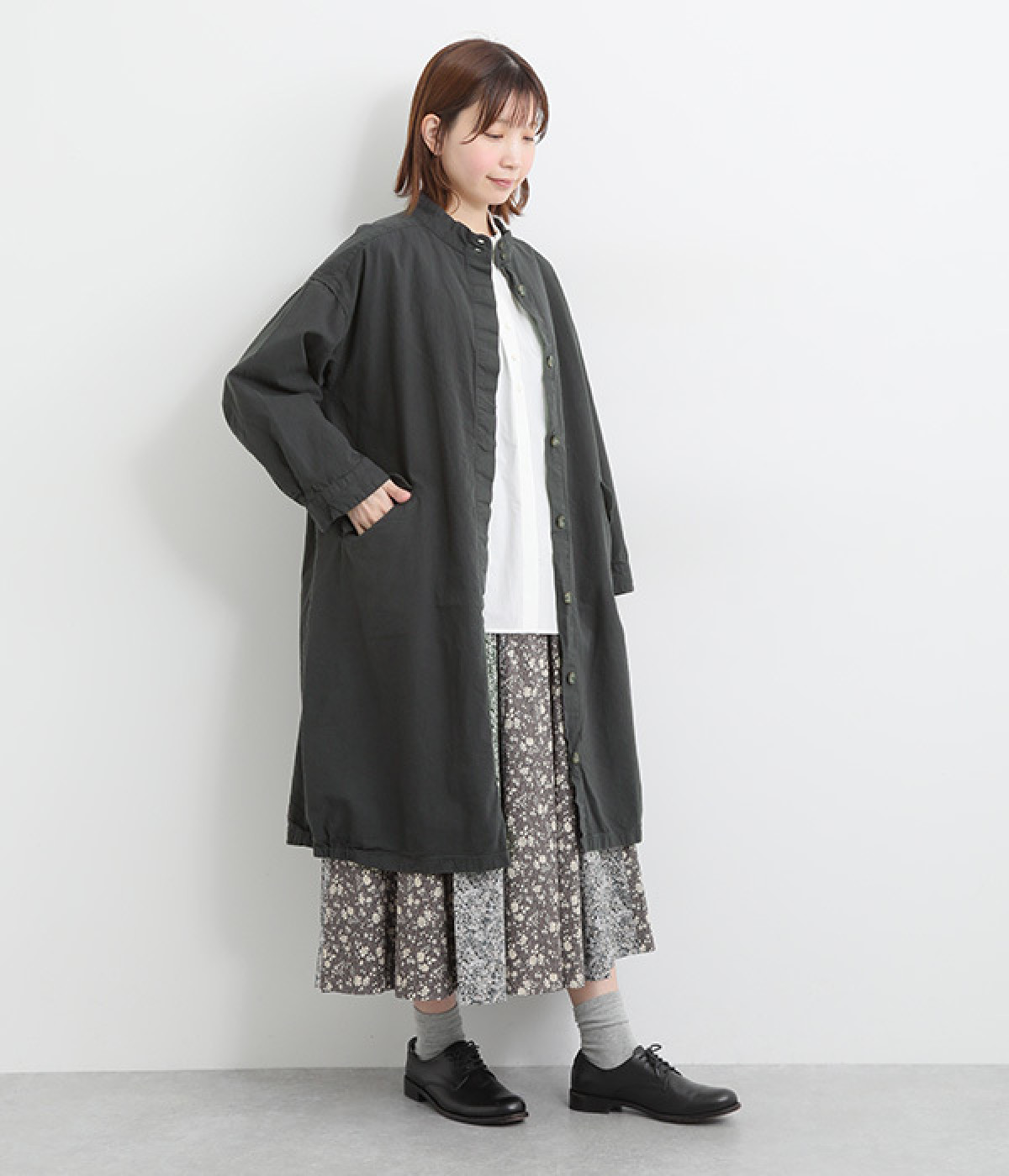 コットンリップストップ日本製品染めロングコート(チャコール-ONESIZE)