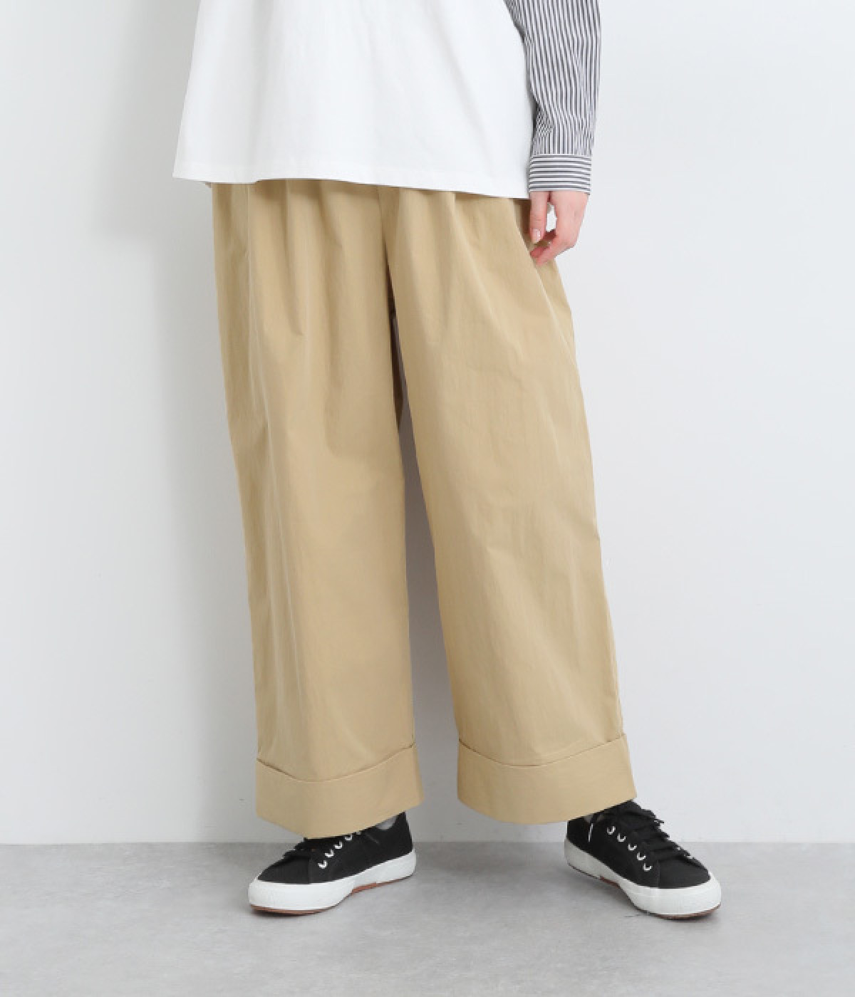 コットンナイロンワッシャーワイドパンツ(ベージュ-ONESIZE)