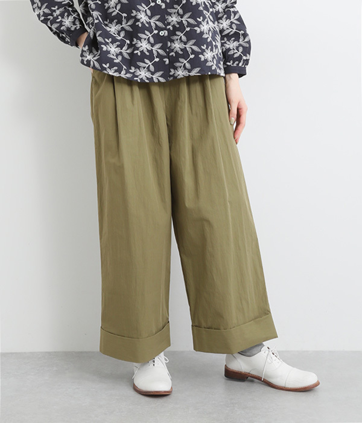 コットンナイロンワッシャーワイドパンツ(カーキ-ONESIZE)