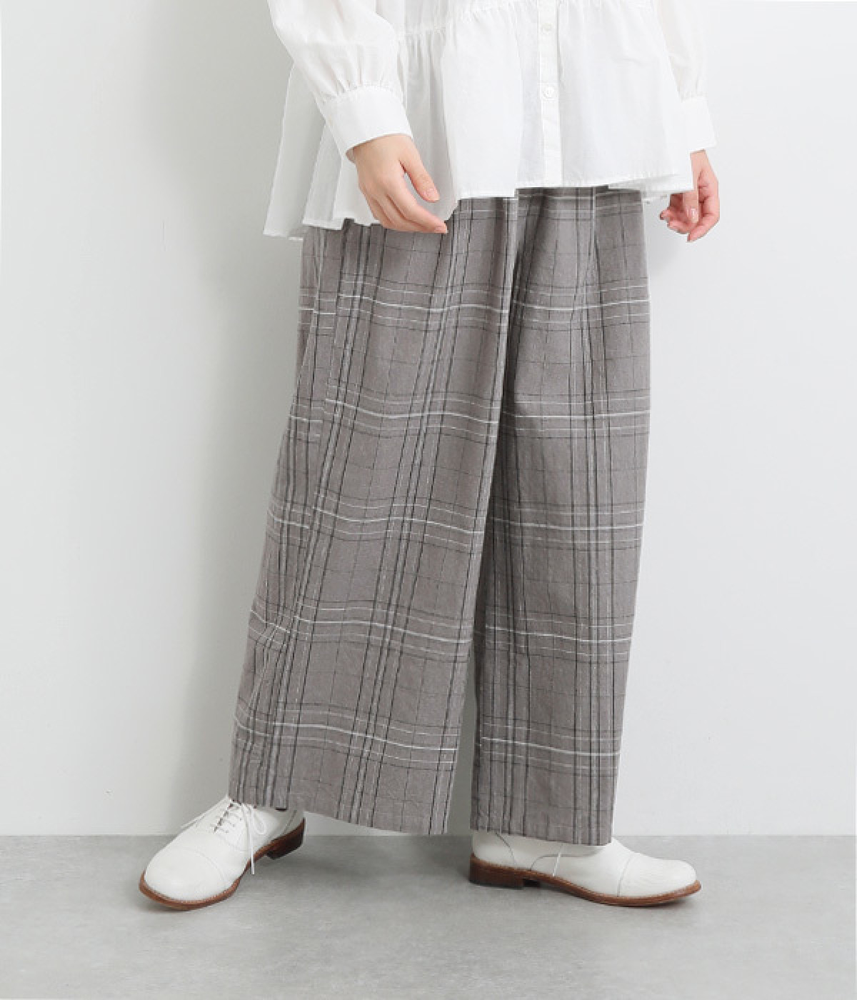 コットンリネン平織ワイドパンツ(チェックグレー-ONESIZE)