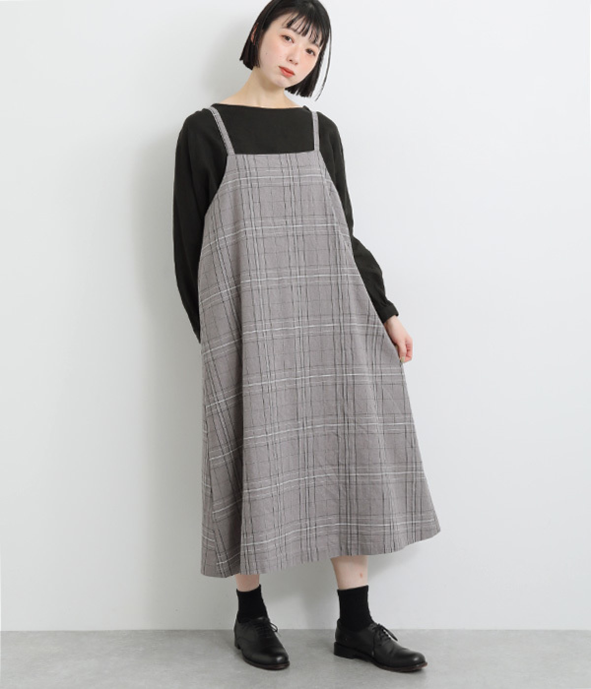 コットンリネン平織サロペット(チェックグレー-ONESIZE)