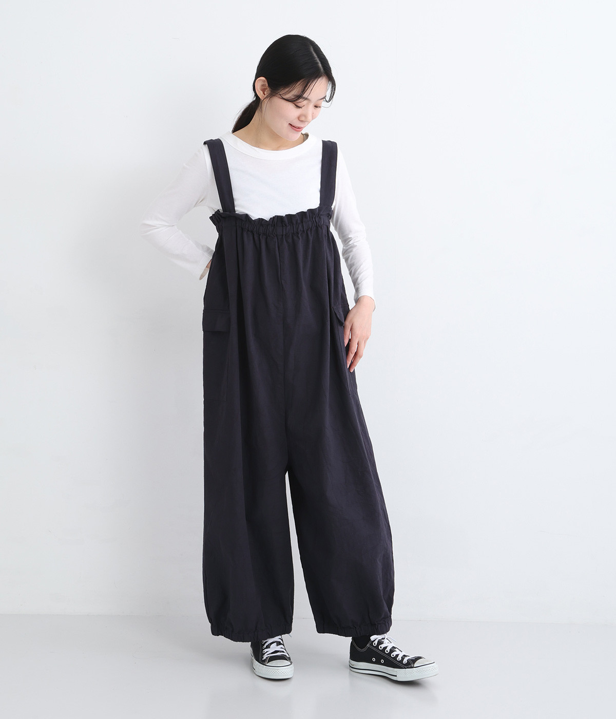 コットンリップストップ日本製品染めサロペット(チャコール-ONESIZE)