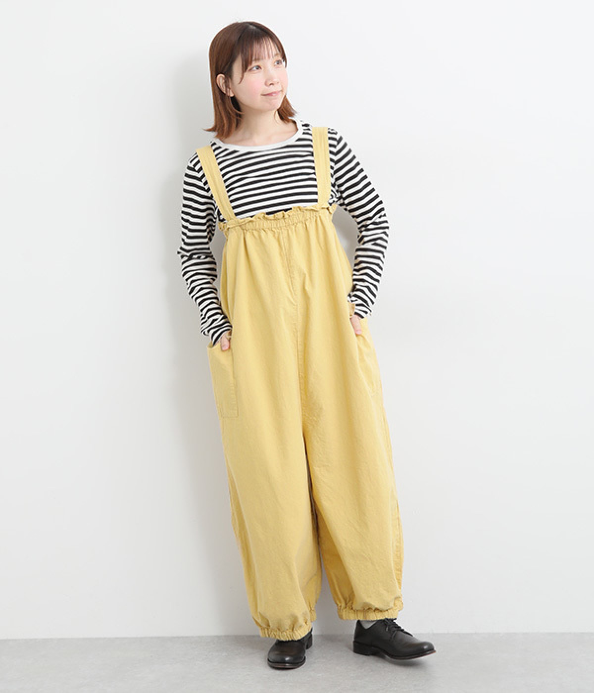 コットンリップストップ日本製品染めサロペット(イエローベージュ-ONESIZE)