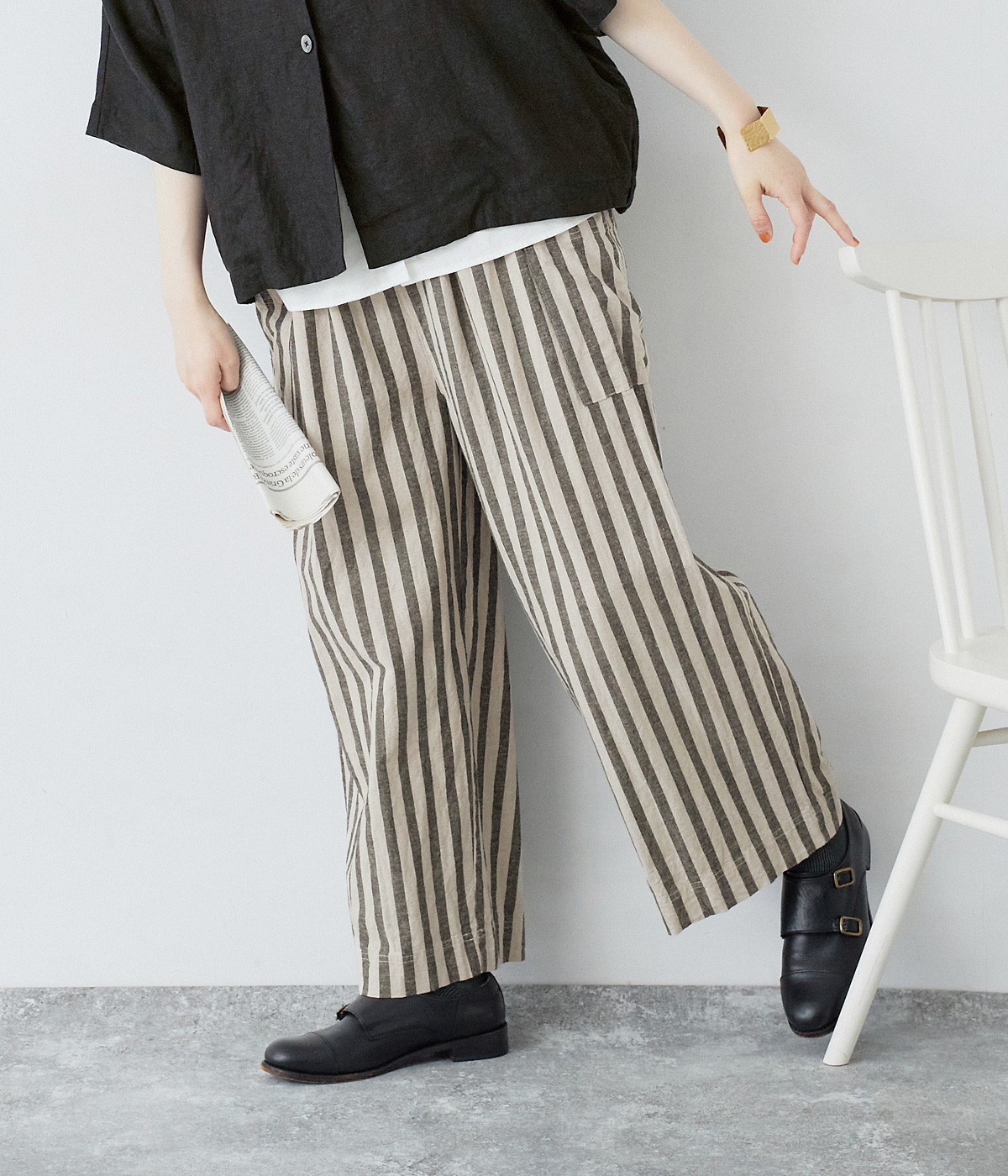 コットンリネン平織　ワイドパンツ(ストライプグレージュ-ONESIZE)
