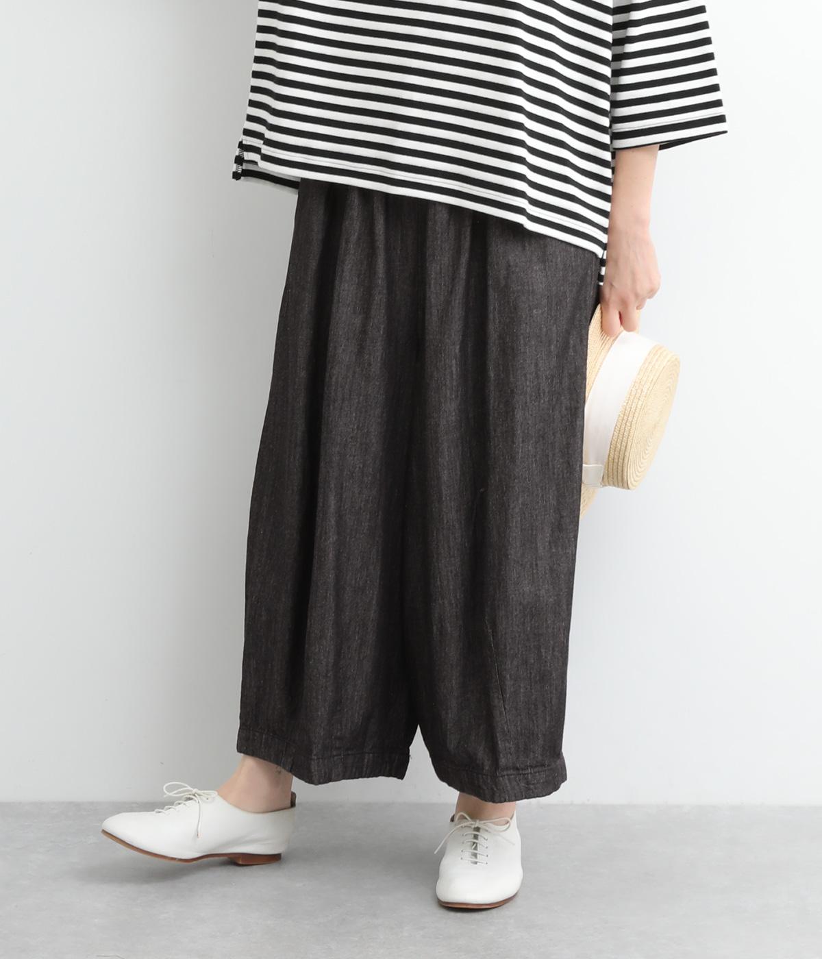 コットンデニム切替えギャザーワイドパンツ(クロ-ONESIZE)