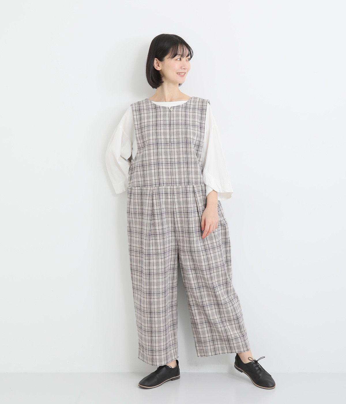 コットンリネン平織　サロペットパンツ(チェックネイビー-ONESIZE)