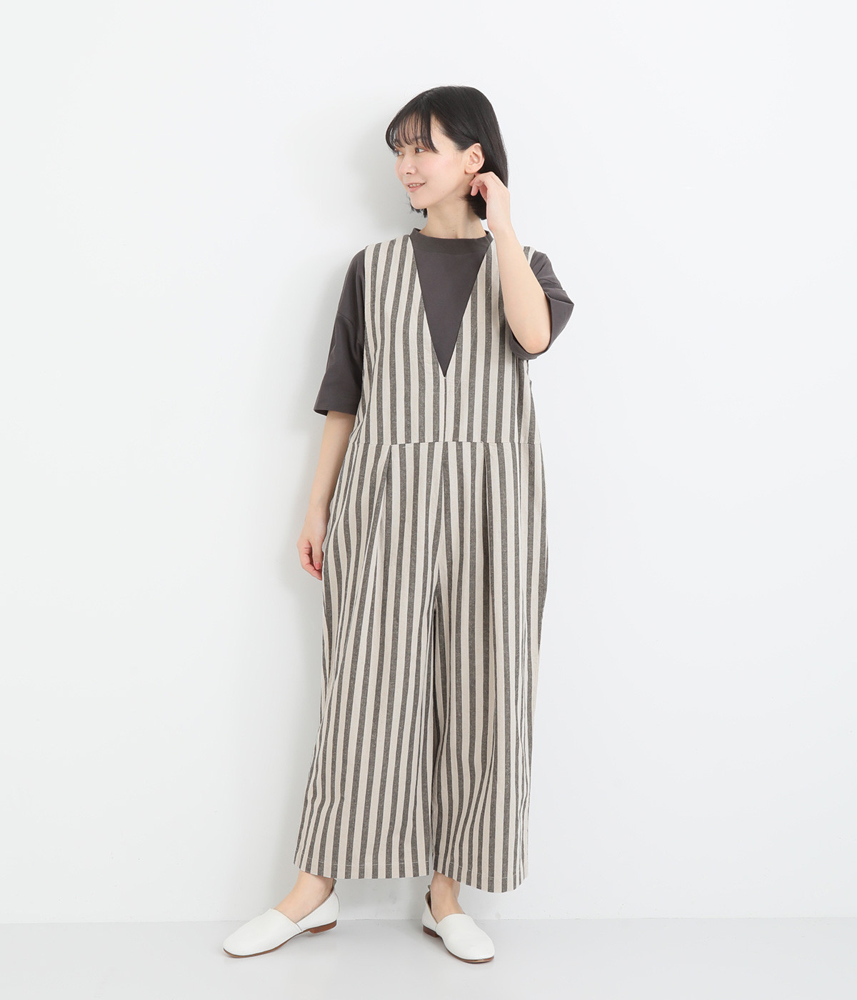 コットンリネン平織　サロペットパンツ(ストライプグレージュ-ONESIZE)