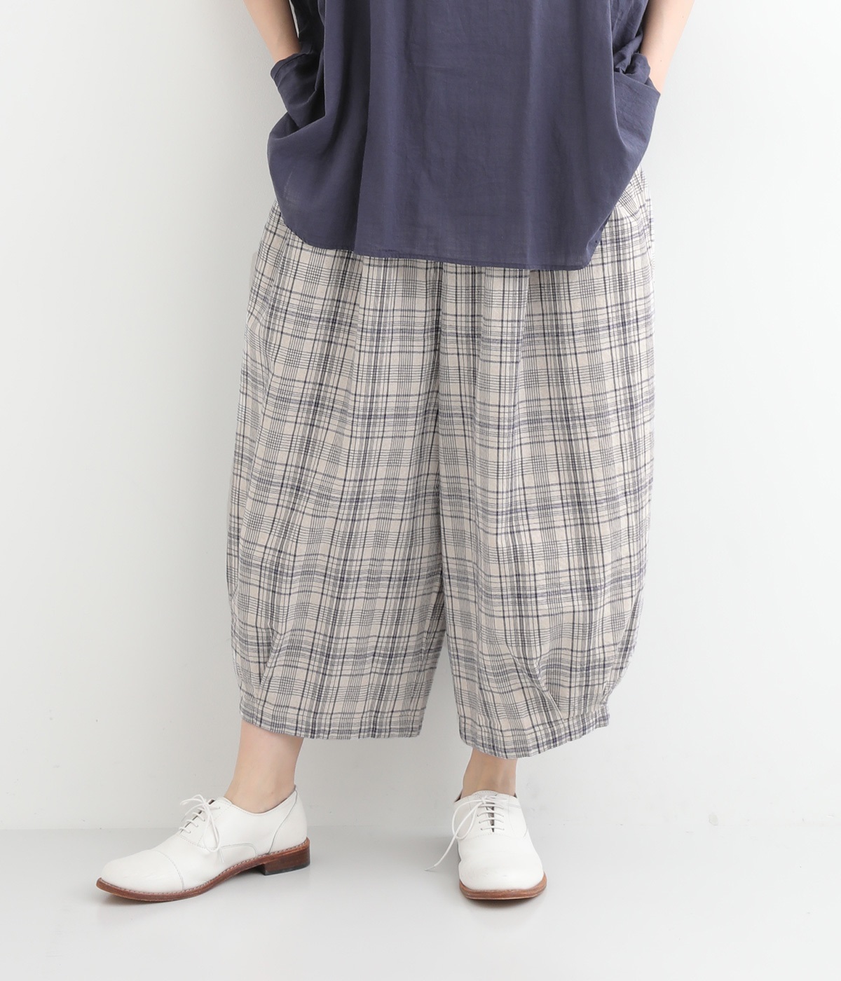 コットンリネン平織　バルーンパンツ(チェックネイビー-ONESIZE)